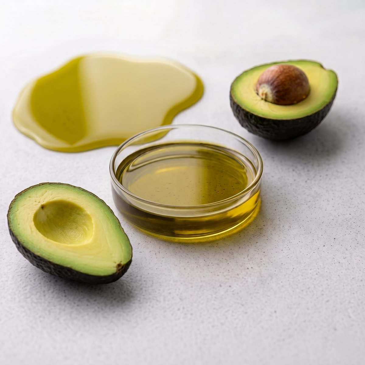 Avocado oil in a glass container with half an avocado on a light background