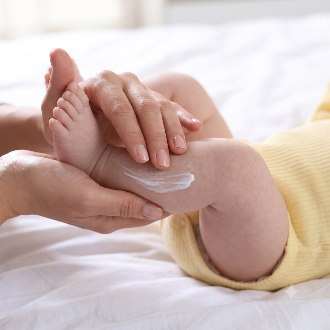 Mom applying cream to a baby's foot on a white,  soft surface