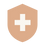 A minimalist beige shield icon with a white medical-style cross in the center, isolated on a black background.