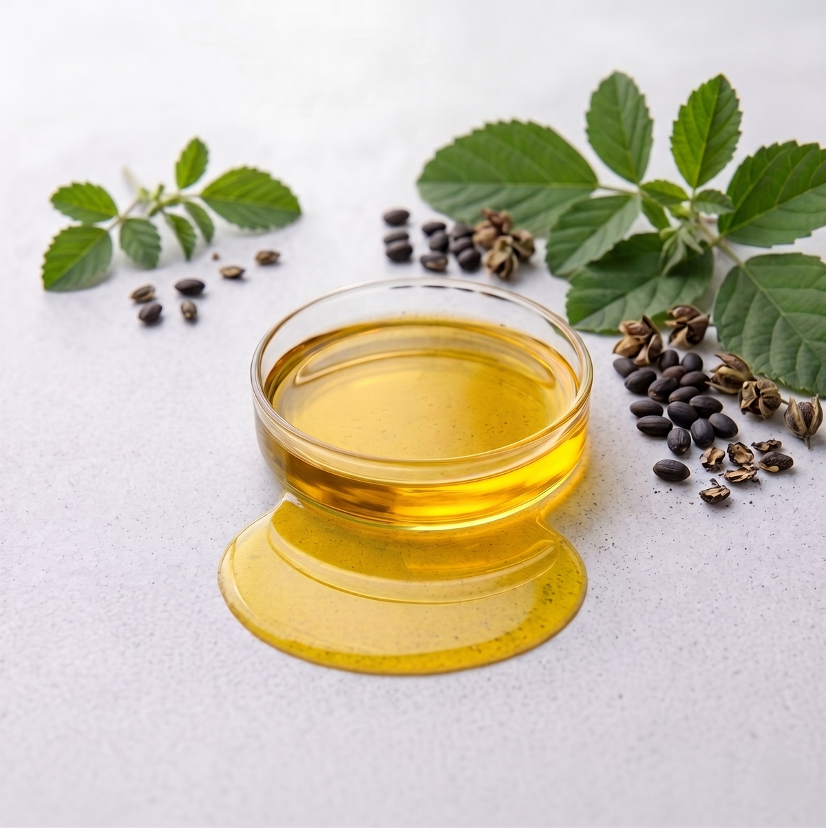 Glass bowl of bakuchiol oil with herbs and seeds on a light background