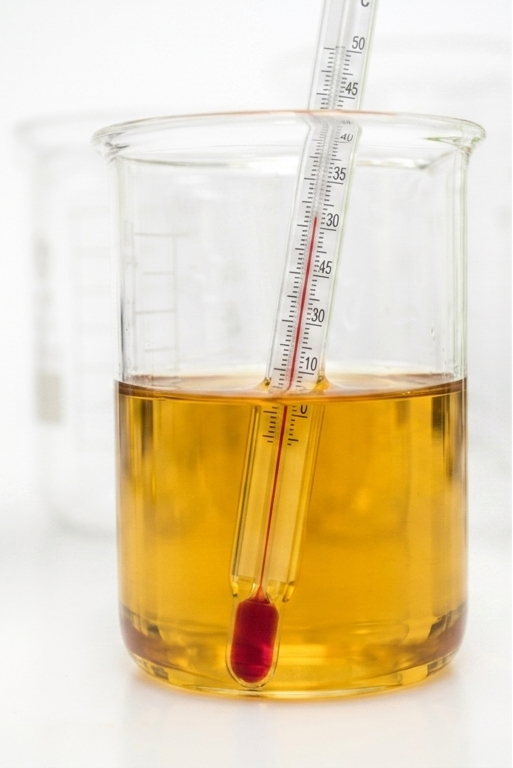 Beaker with yellow liquid and a thermometer inside on a white background