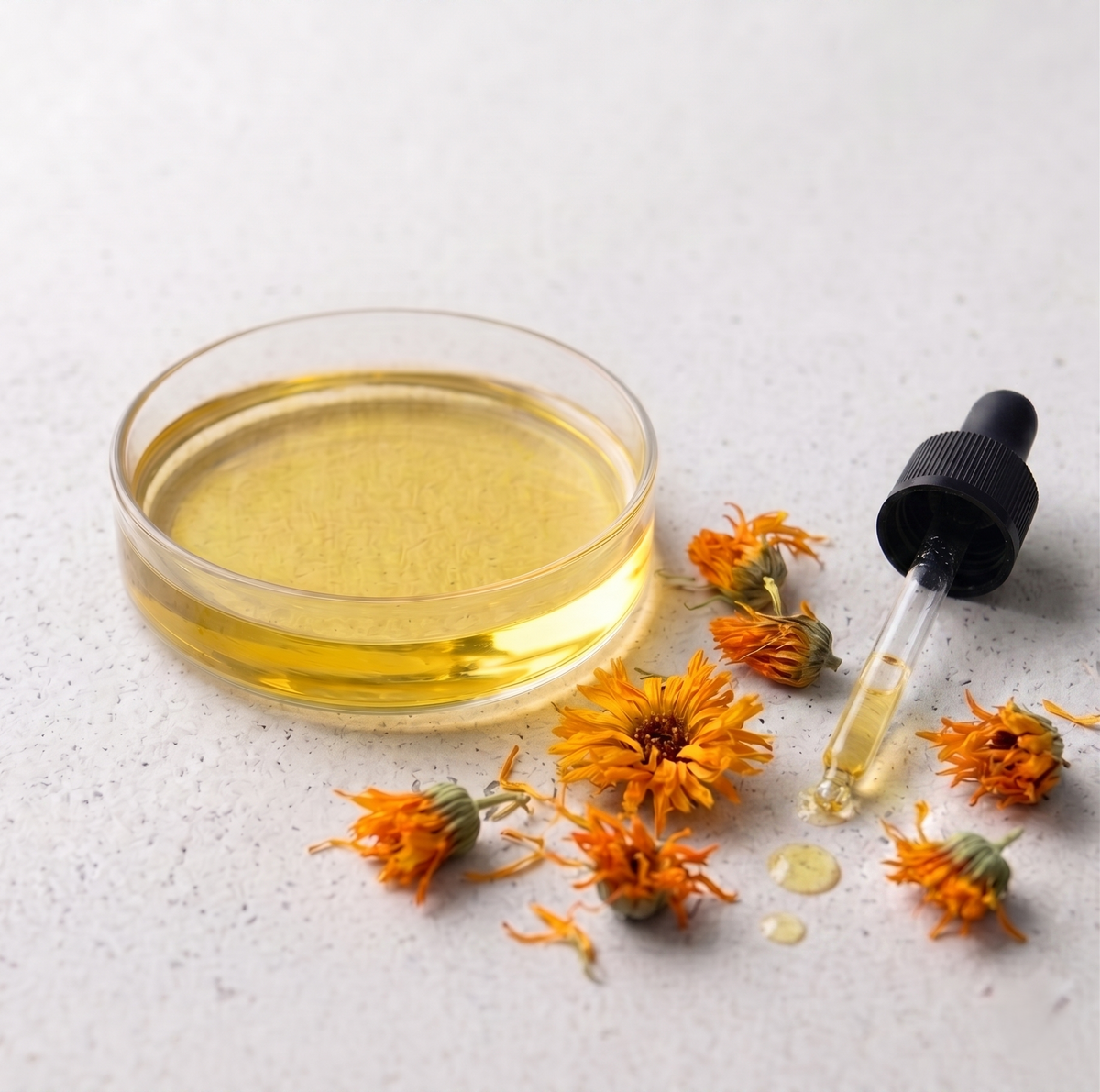 Calendula flowers with a dropper and a bowl of oil on a light background