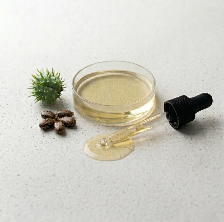 A clear petri dish filled with pale golden castor oil, a glass dropper pipette lying beside it with a small pool of the liquid, a small green spiky plant, and several brown seeds on a light gray textured surface.