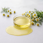 Glass bowl of yellow chamomile oil with chamomile flowers on a light background