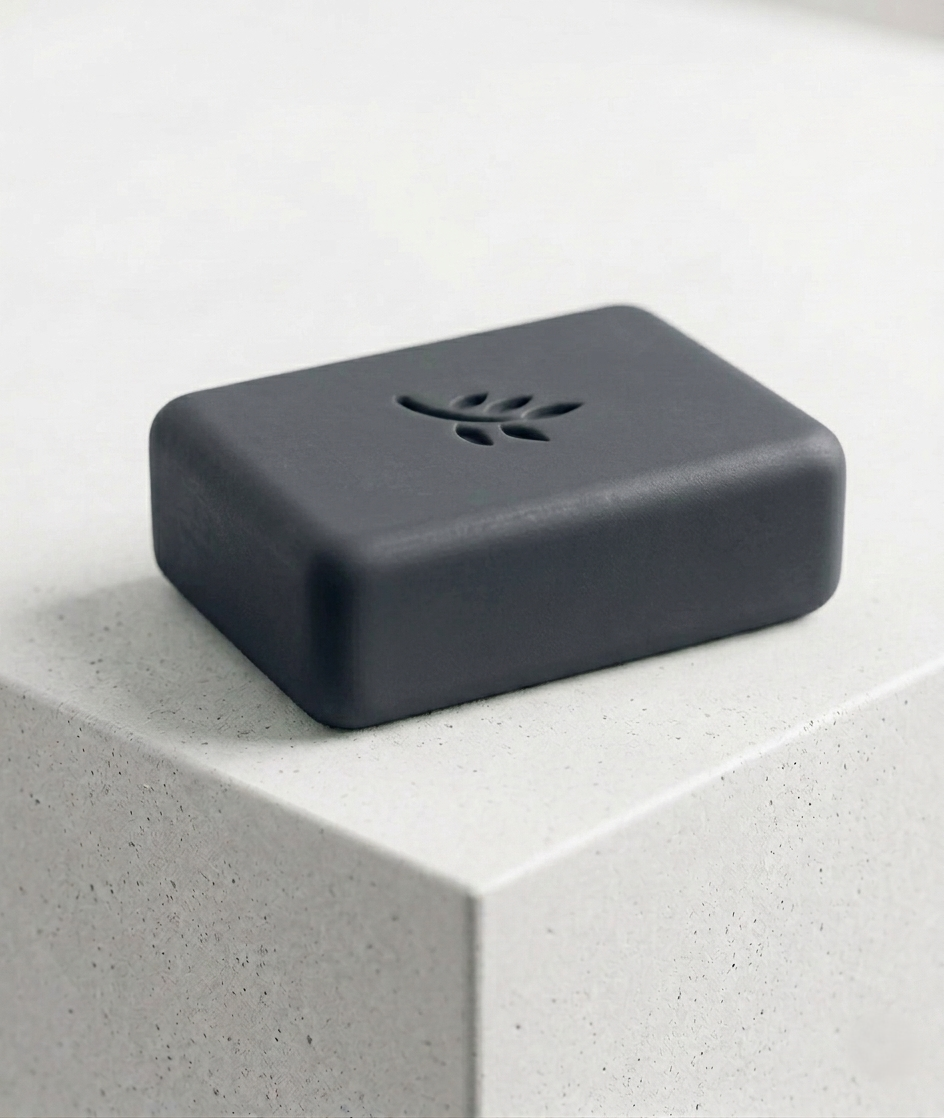 Black rectangular soap with a flower print design on a light gray surface
