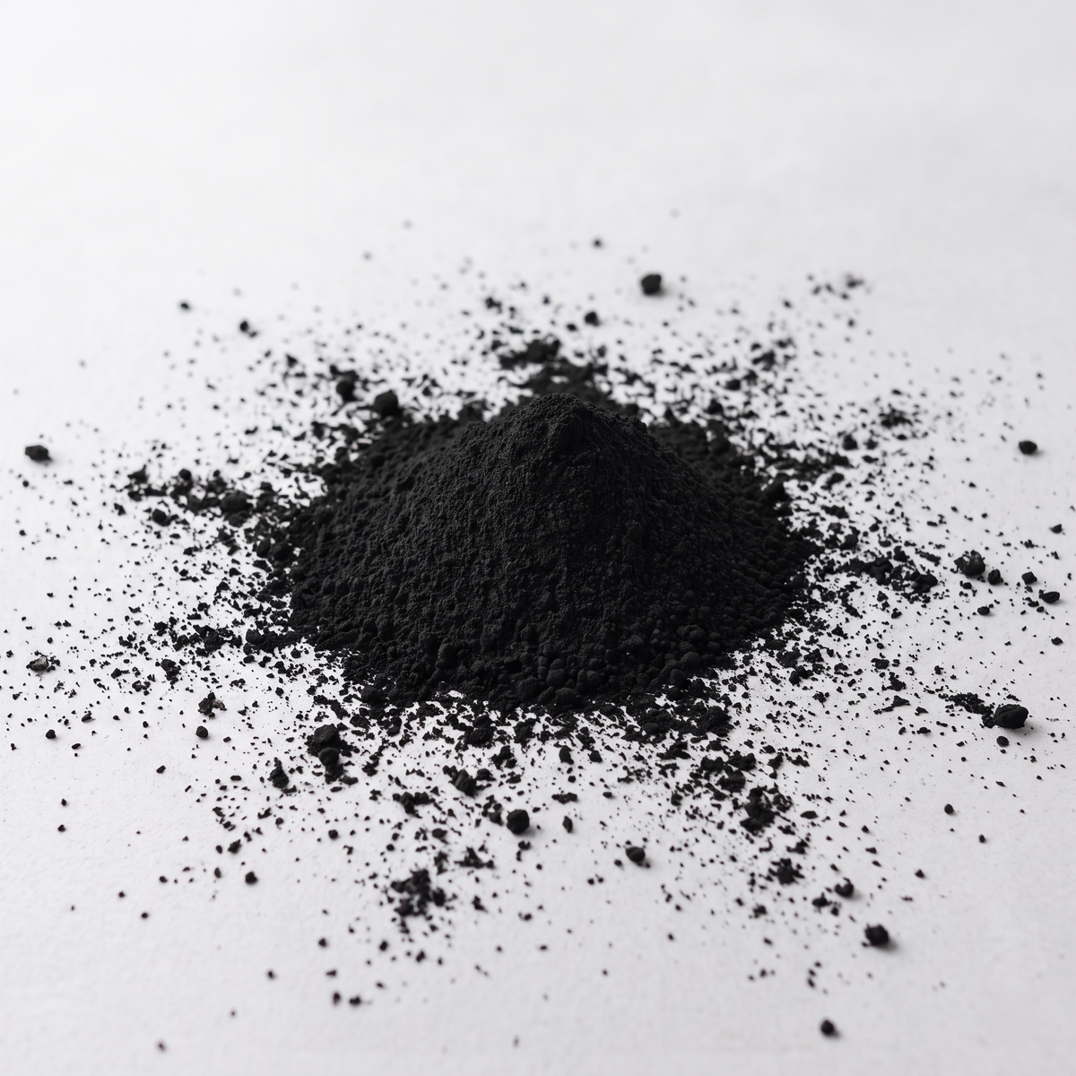 Pile of black charcoal powder on a white background