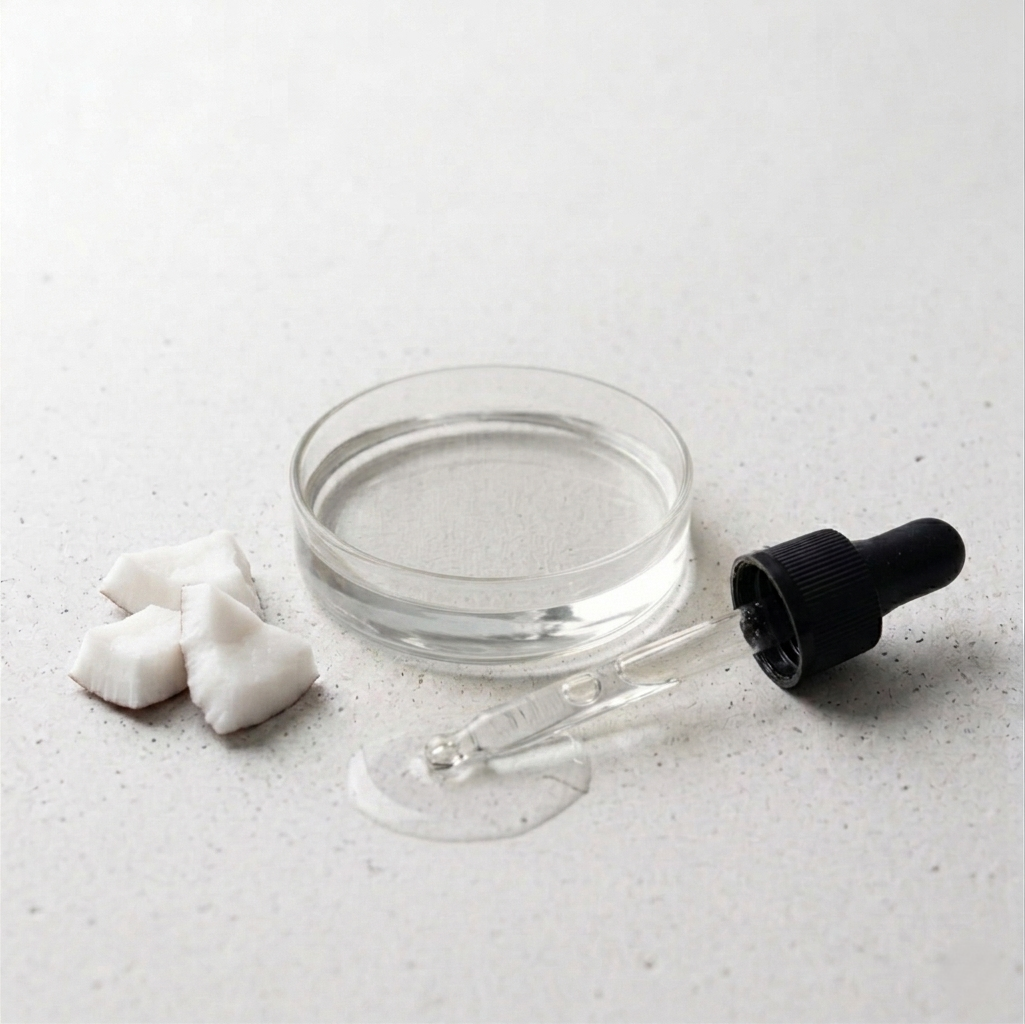 Glass dropper with black cap, small round container with coconut oil, and white coconut cubes on a light gray surface
