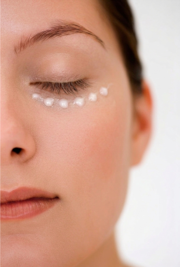 Close-up of a woman's face with cream under her eyes on a white background