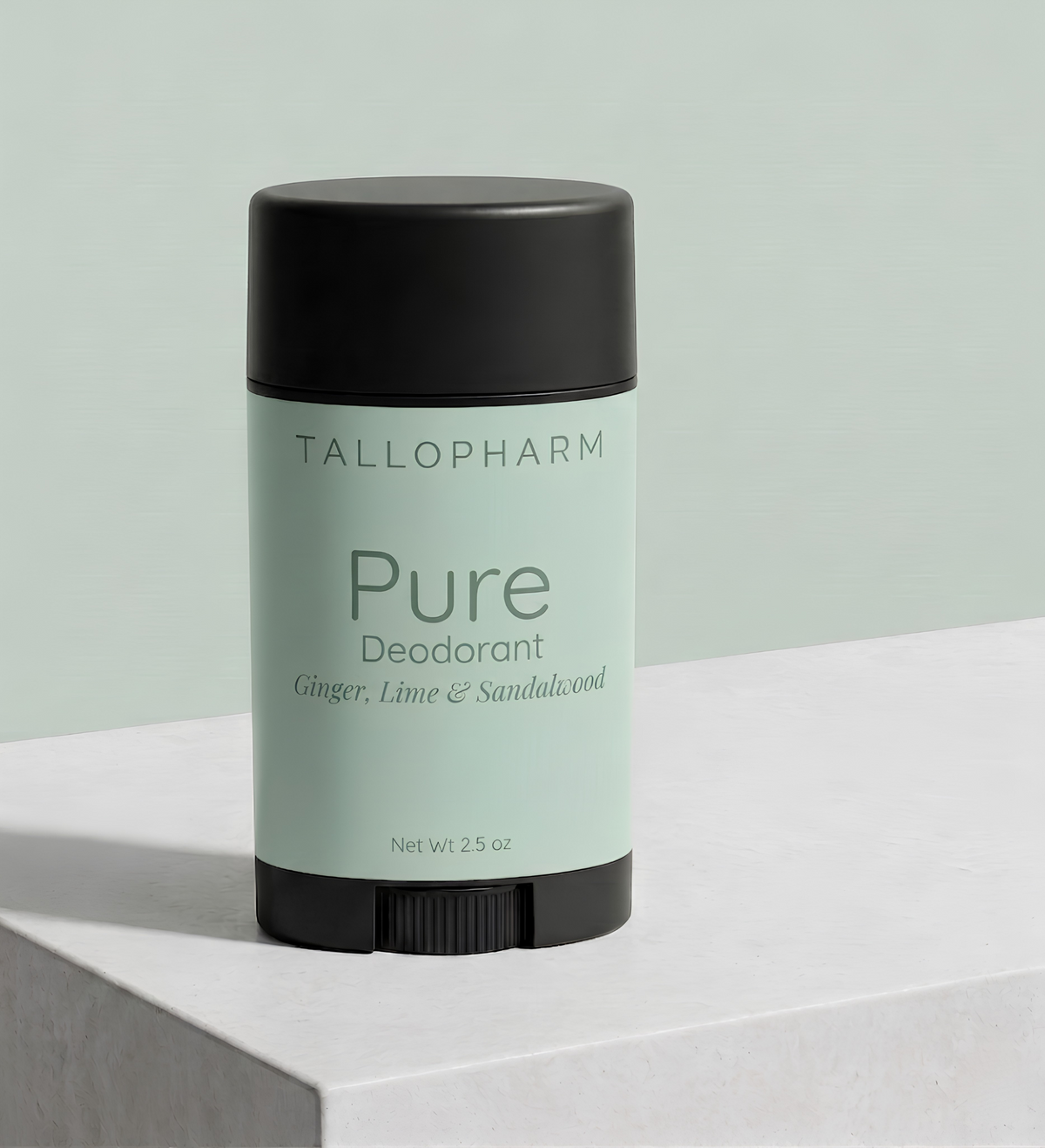 Tallopharm Deodorant on a light gray background - Ginger, Lime and Sandalwood.
