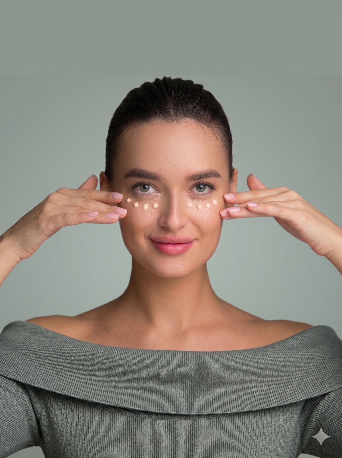 A woman with dark hair pulled back, wearing a gray off-the-shoulder top, applies eye cream to her under-eye area with her fingers against a solid gray background.