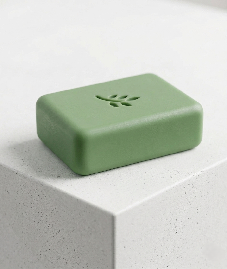 Green soap bar with a leaf design on a gray surface
