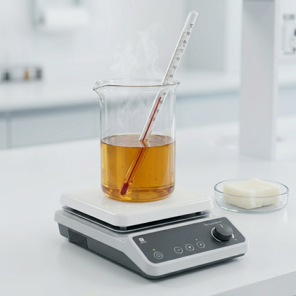 Glass beaker with liquid and thermometer on a hot plate in a laboratory setting