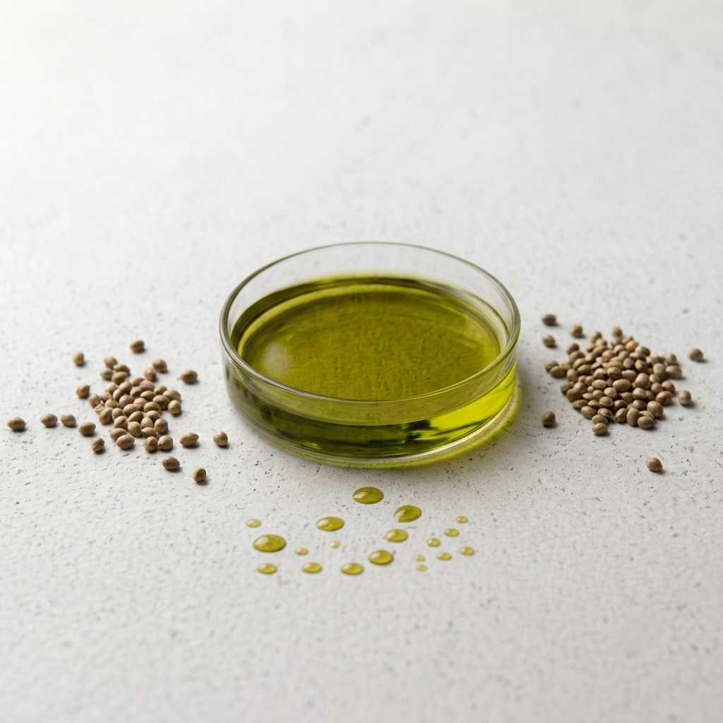 Glass bowl of green oil with hemp seed on a light background