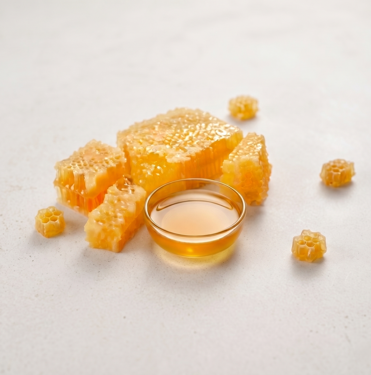Honeycomb pieces with a small glass container of honey on a light background