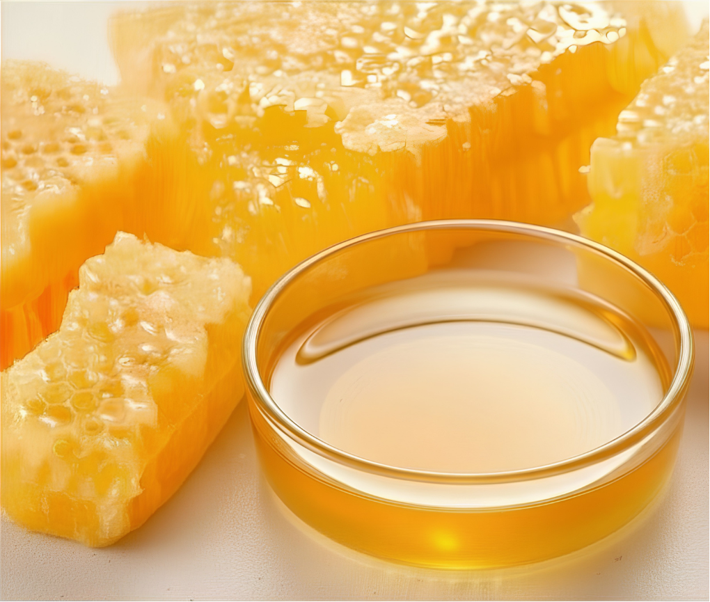 Honeycomb with a small bowl of honey on a light background