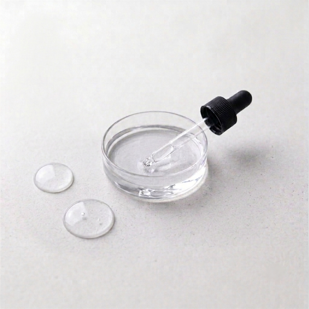 Glass dropper with black cap over a small glass container of clear Hyaluronic Acid on a light gray background