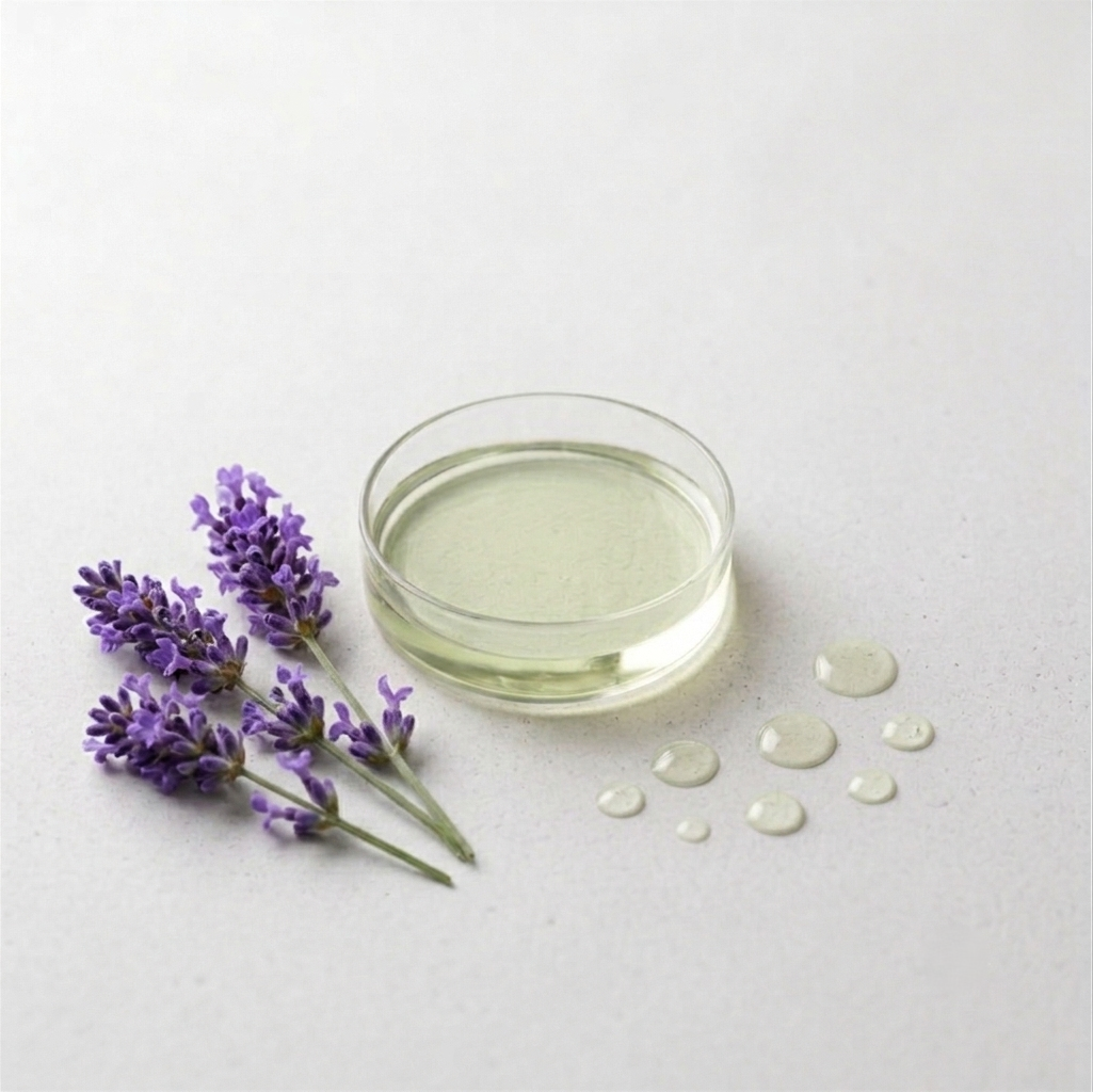 Clear glass container with light golden oil, lavender flowers, and small round oil drops on a light gray background