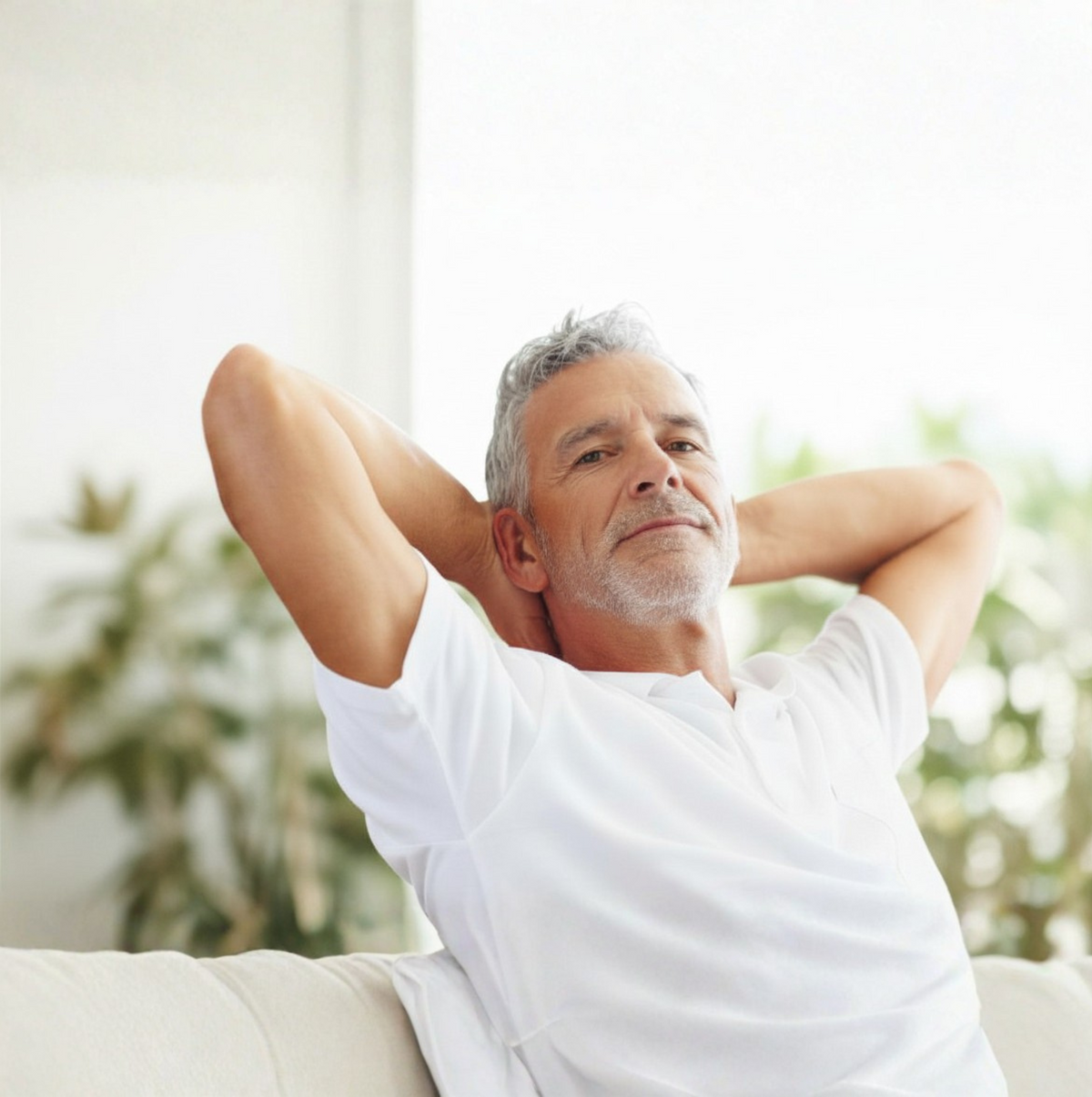 Man relaxing with hands behind head on a couch in a bright room