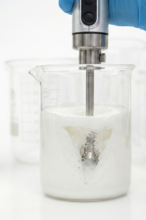 Glass beaker with white tallow formulation being mixed.