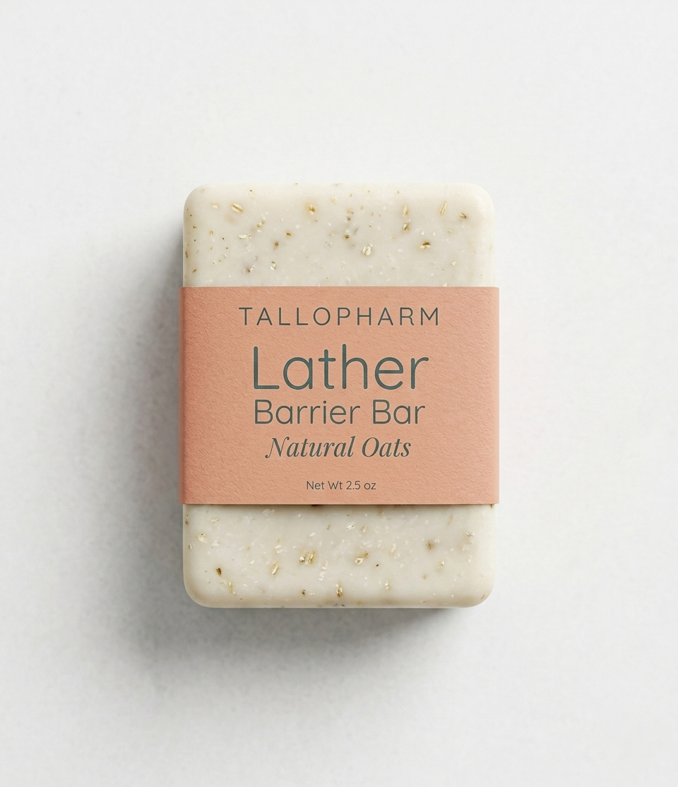 Tallopharm Lather Barrier Bar with Natural Oats on a light background
