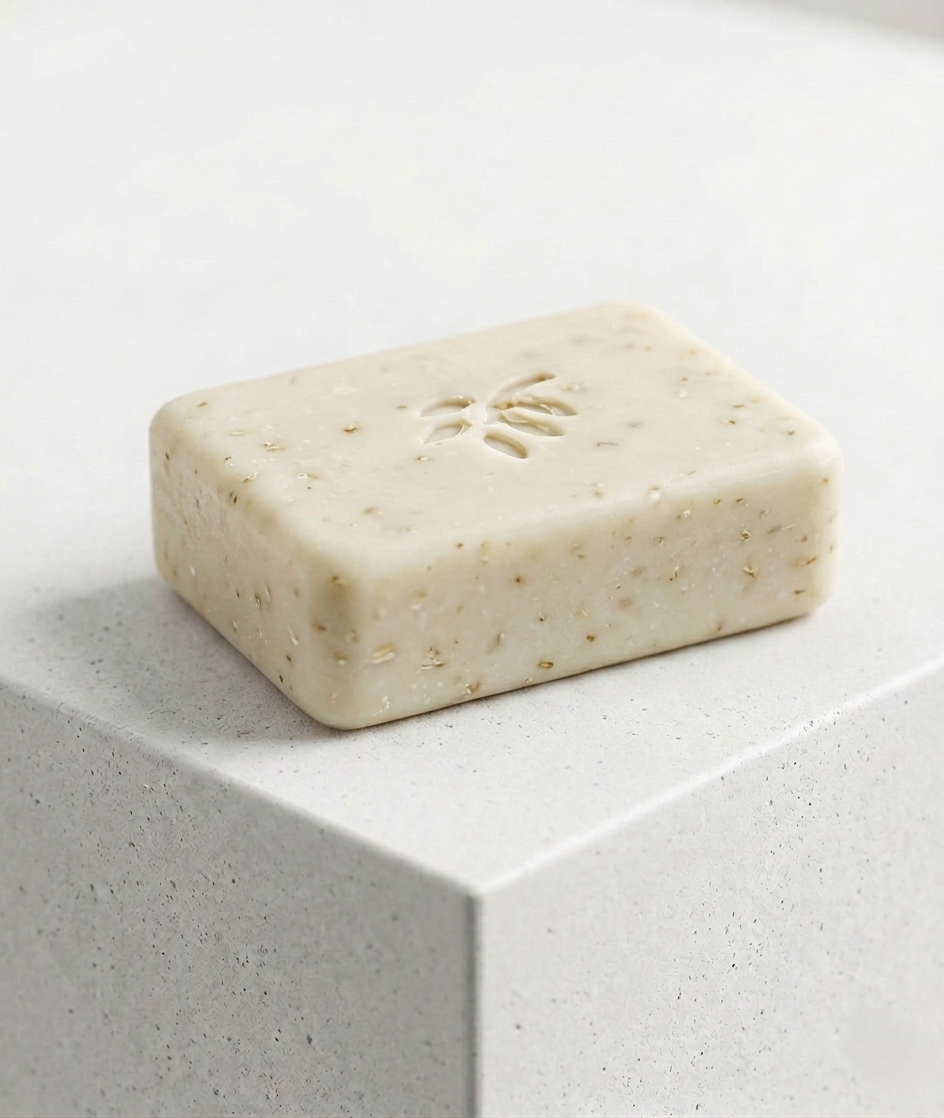 Bar of natural oats soap on a light gray surface