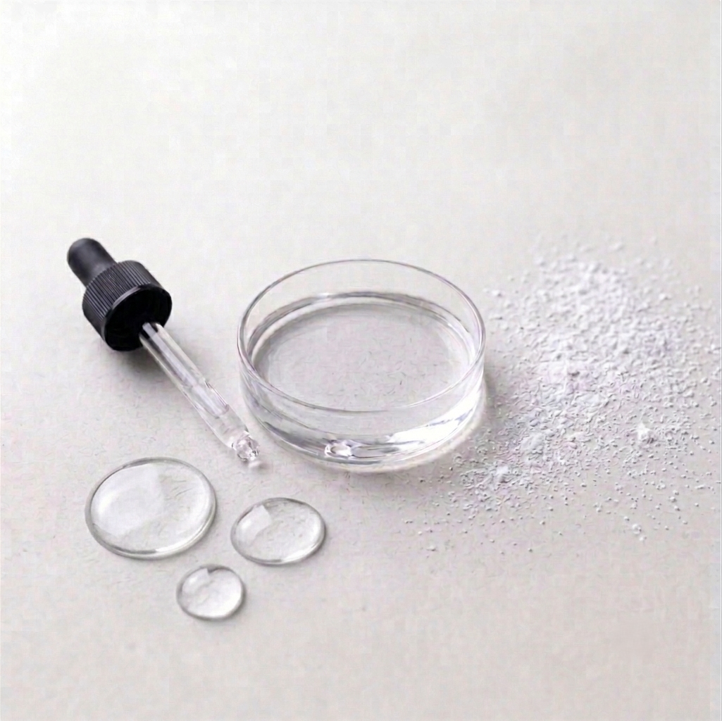 Glass dropper with clear liquid on a light gray background