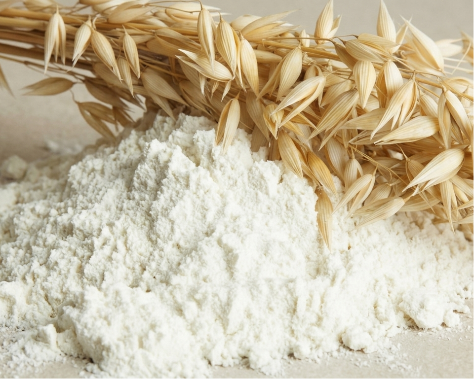 Oat flour with a sheaf of oats on a light background