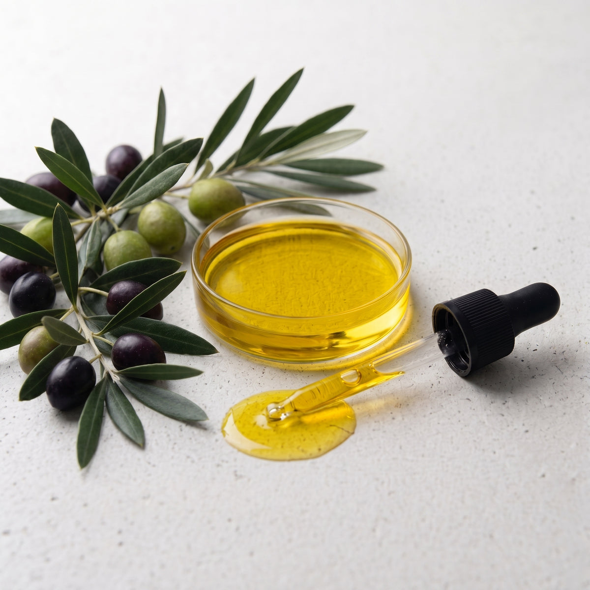 A glass bowl filled with golden olive oil, shown with a black dropper cap, a small dropper, and olive branches with green and dark olives on a light stone surface.