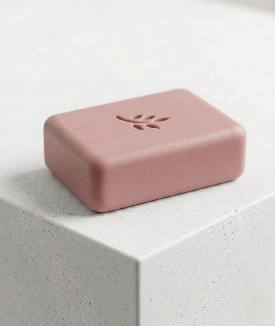Pink soap bar with a leaf design on a light gray surface