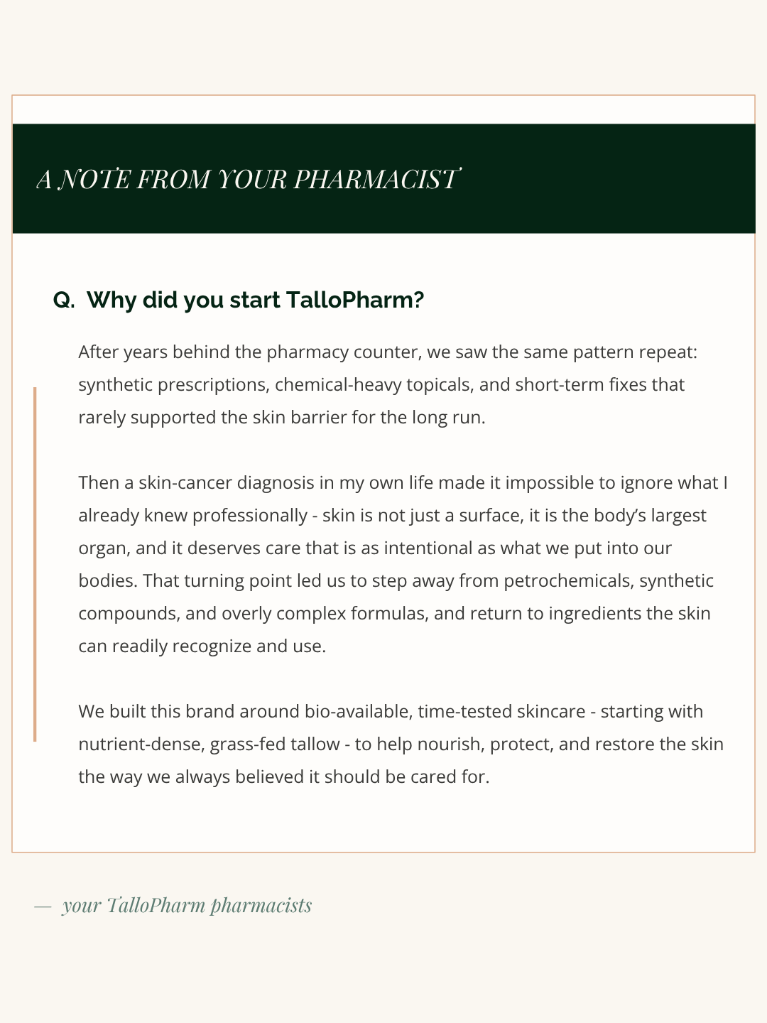 A digital graphic featuring a text note titled 'A NOTE FROM YOUR PHARMACIST' with a question about starting TalloPharm, presented on a light beige background with a dark green header and a thin orange border.