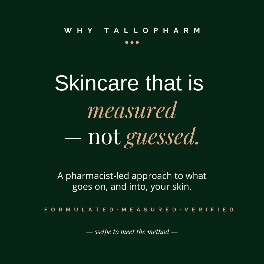 A dark green square graphic with centered text reading 'WHY TALLOPHARM' and the slogan 'Skincare that is measured — not guessed.' 