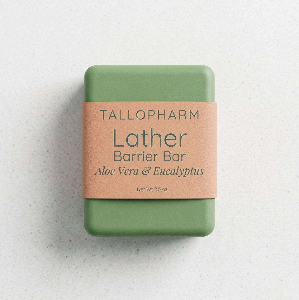 Green soap bar with a blush label on a light gray background