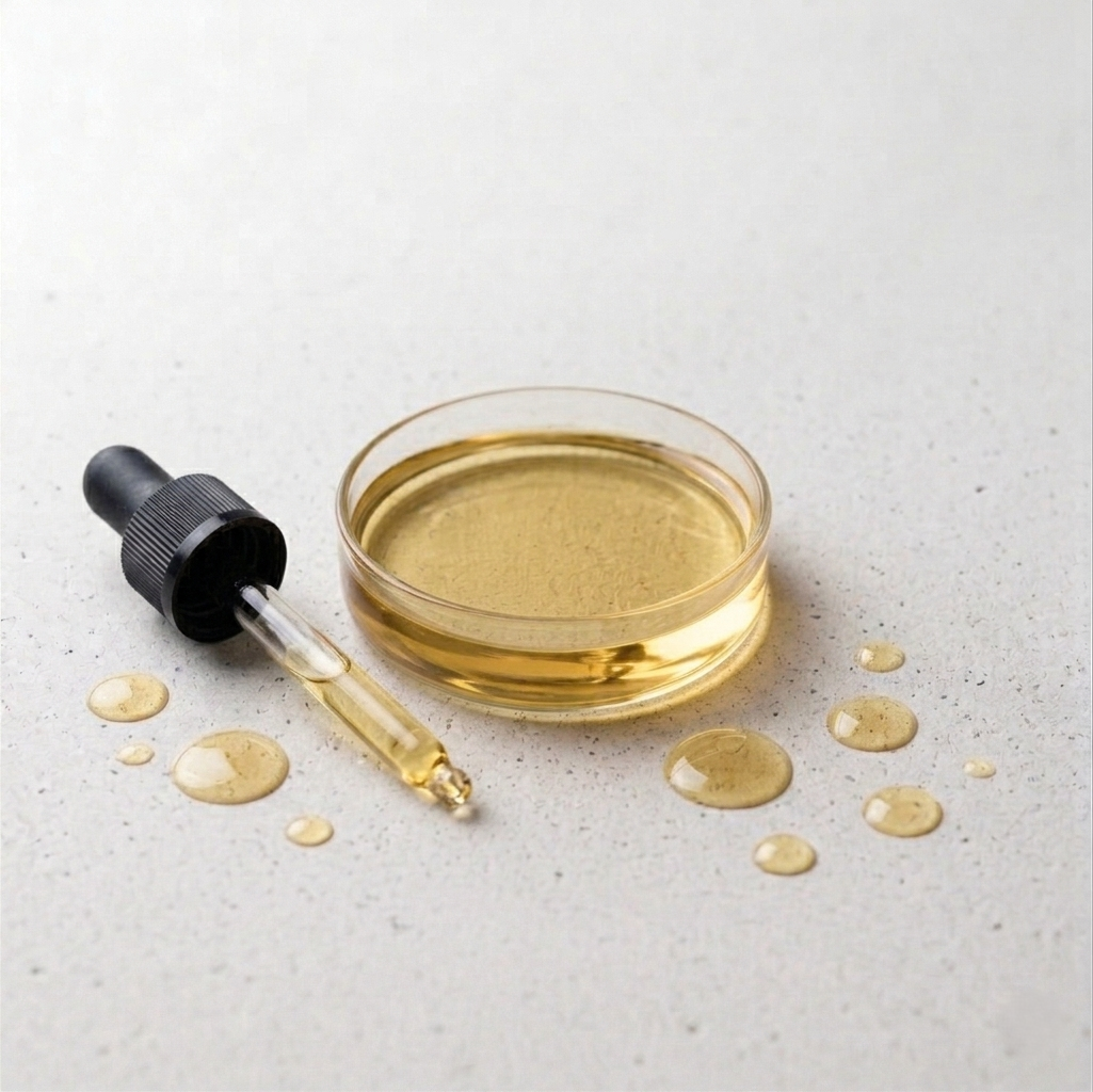 Glass dropper with vitamin E oil liquid in a glass bowl on a light gray surface