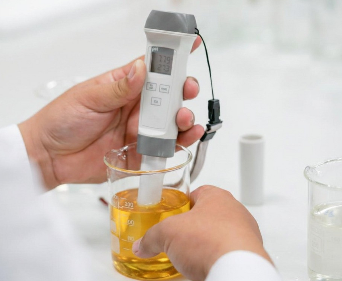 Hand using a digital pH meter to measure the acidity of a formulation 
in a beaker.